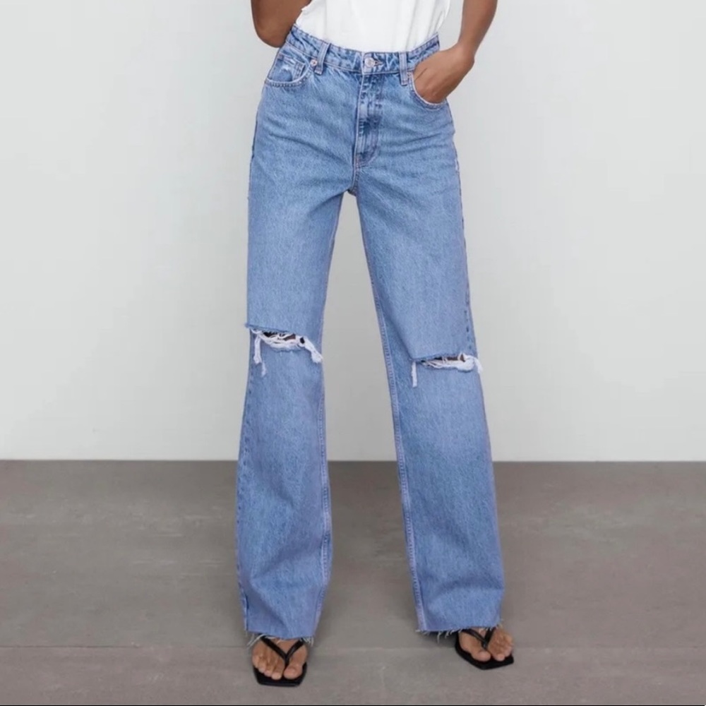 ZARA 1975 FULL LENGTH WIDE LEG RIPPED JEANS